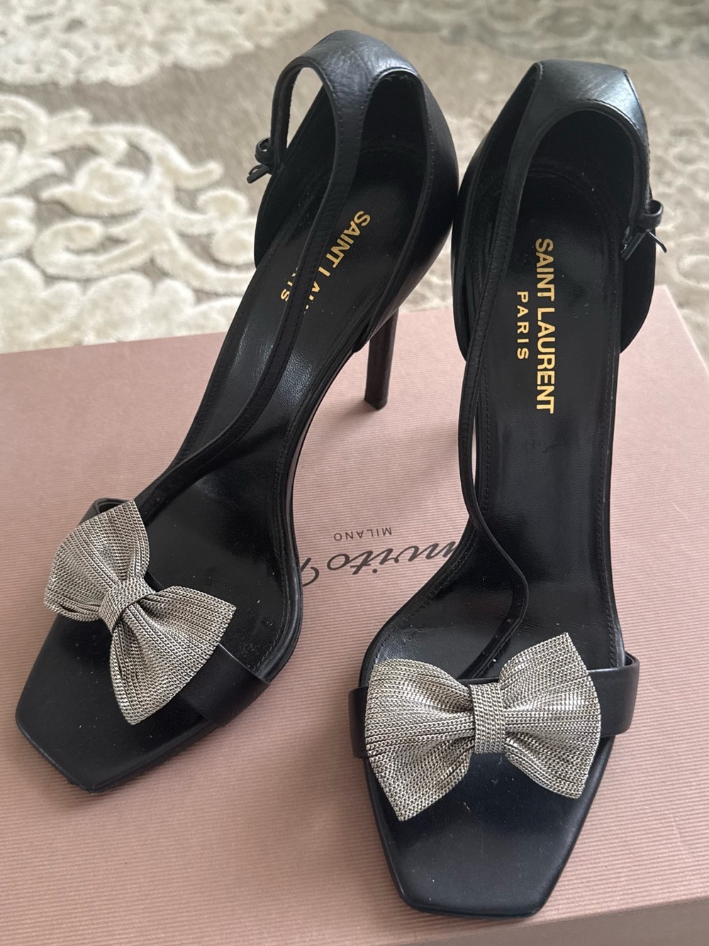 Saint Laurent Black Leather High Heels with Silver Bow Accent Size 38